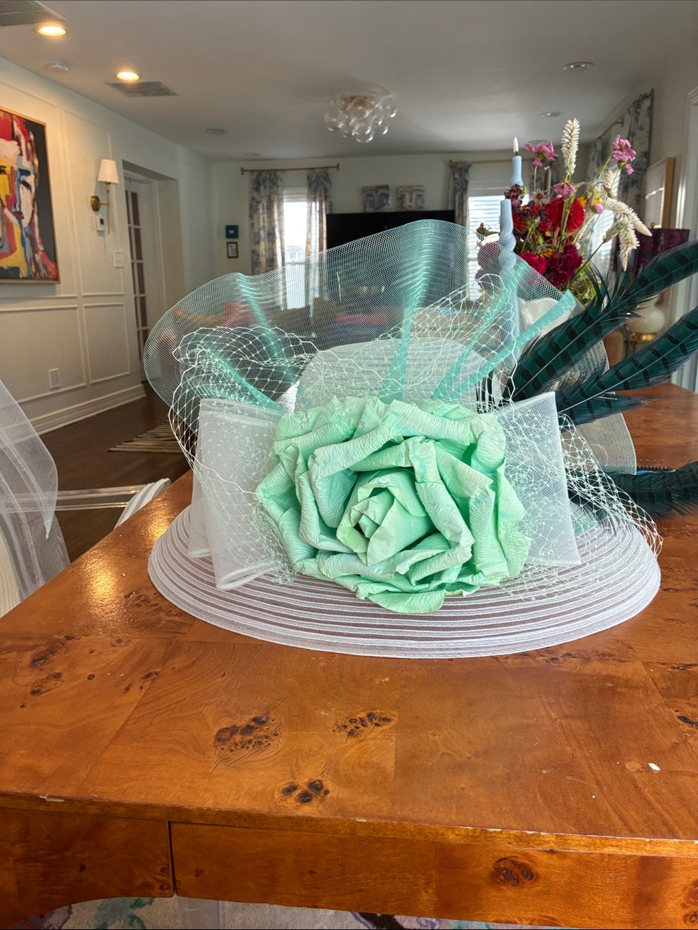 VANNI Mint Green Floral Wide-Brim Party Hat with Netting and Feathers